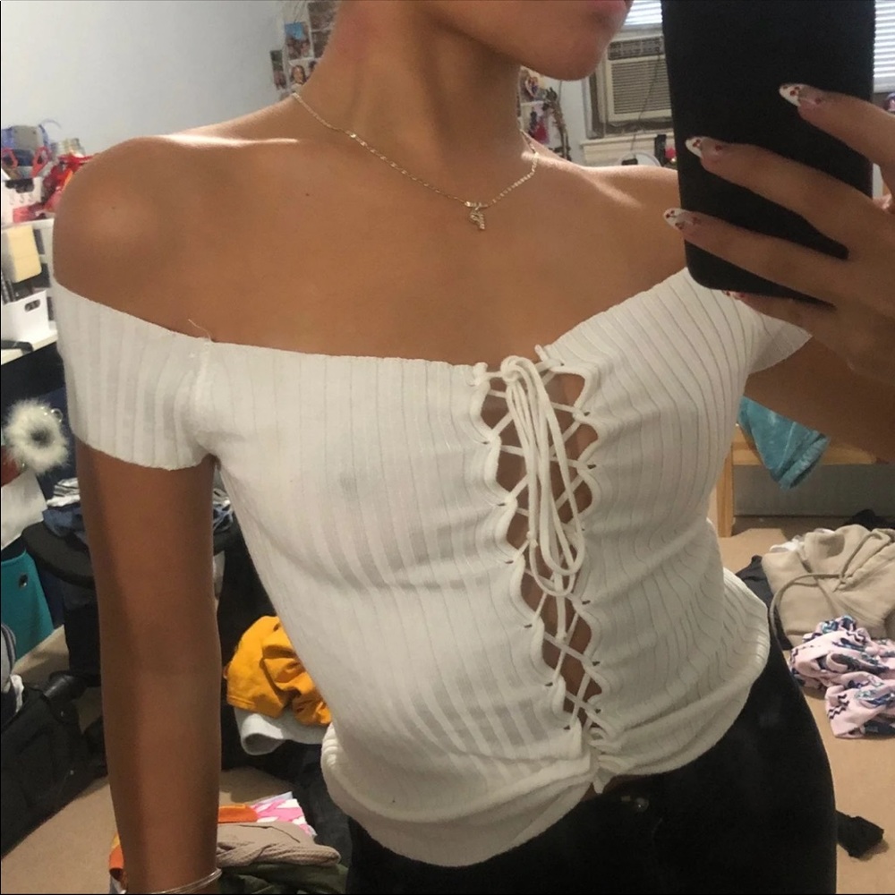 Lace up off shoulder top
